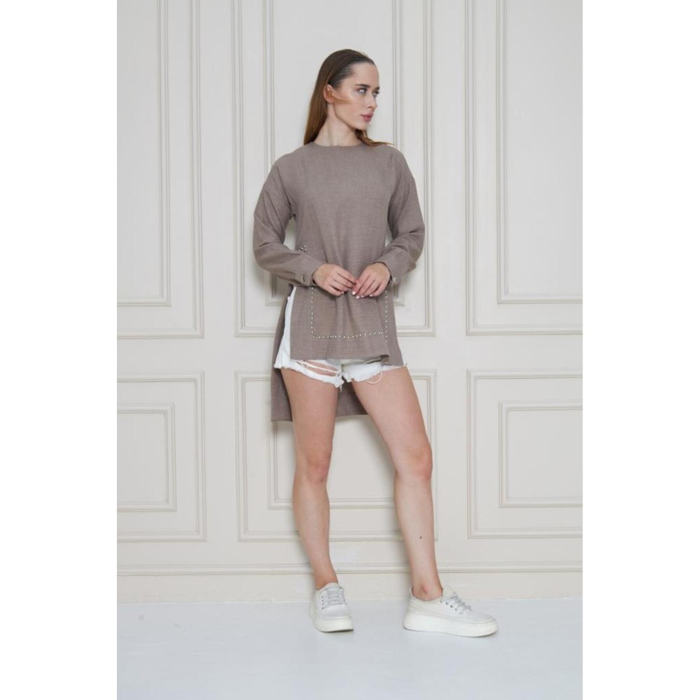 Pasaklı Giyim Pasaklı Giyim Kadın Premium Bambu Keten İncili Tunik Vizon - Premium Kadın Giyim