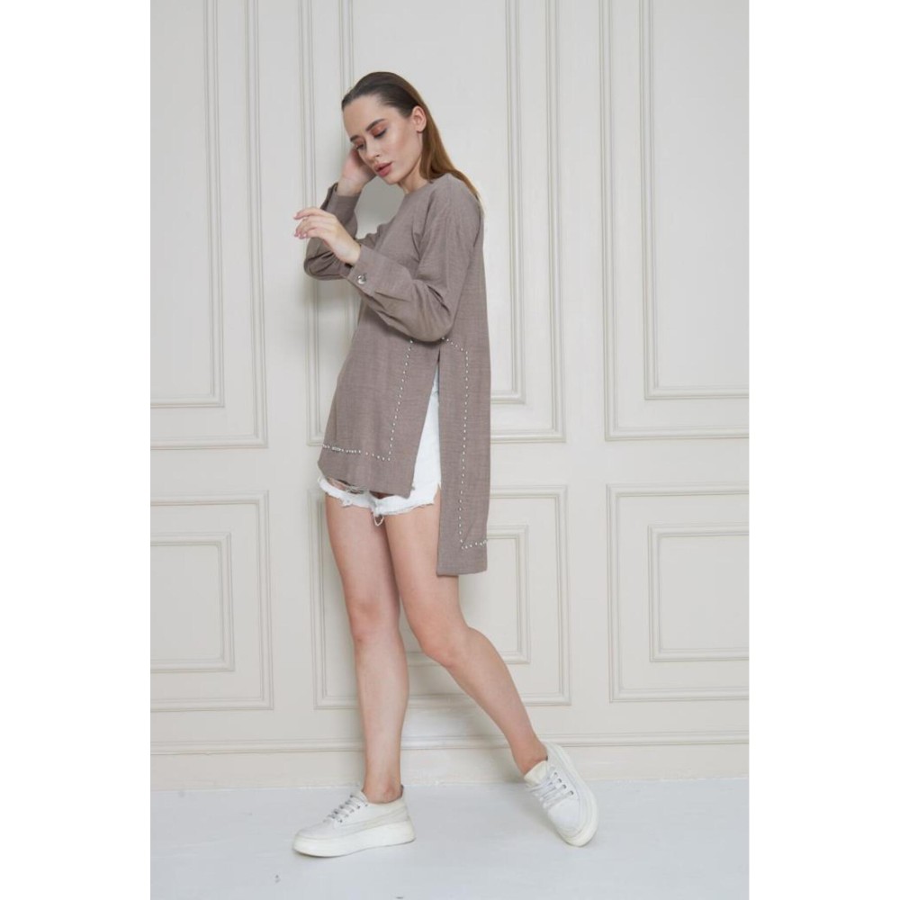 Pasaklı Giyim Pasaklı Giyim Kadın Premium Bambu Keten İncili Tunik Vizon - Premium Kadın Giyim