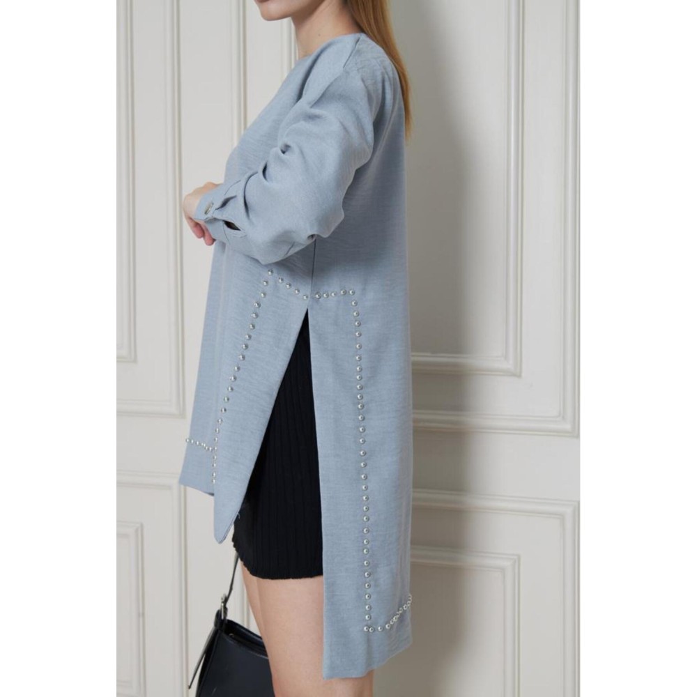 Pasaklı Giyim Pasaklı Giyim Kadın Premium Bambu Keten İncili Tunik Gri - Premium Kadın Giyim