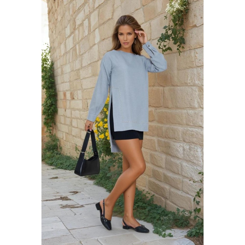 Pasaklı Giyim Pasaklı Giyim Kadın Premium Bambu Keten İncili Tunik Gri - Premium Kadın Giyim