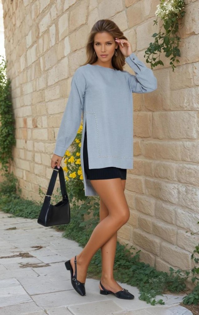 Pasaklı Giyim Kadın Premium Bambu Keten İncili Tunik 3733370 Gri