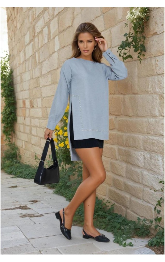 Pasaklı Giyim Kadın Premium Bambu Keten İncili Tunik 3733370 Gri