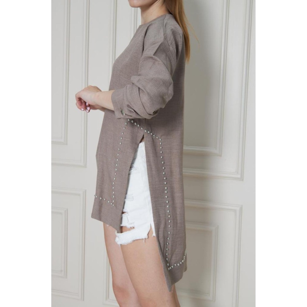 Pasaklı Giyim Pasaklı Giyim Kadın Premium Bambu Keten İncili Tunik Vizon - Premium Kadın Giyim