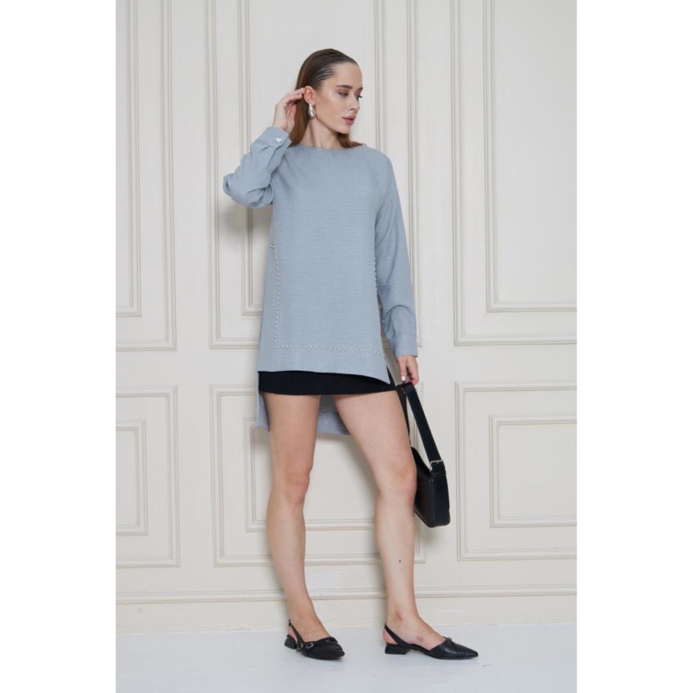 Pasaklı Giyim Pasaklı Giyim Kadın Premium Bambu Keten İncili Tunik Gri - Premium Kadın Giyim