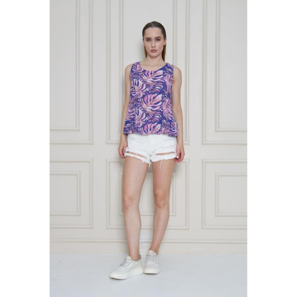 Pasaklı Giyim Kadın Saks Şifon Beli Lastikli Kolsuz Balon Bluz - Premium Kadın Giyim