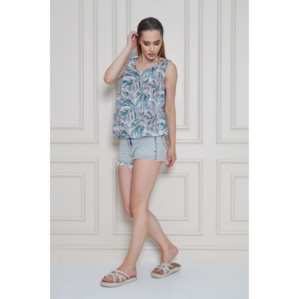 Pasaklı Giyim Kadın Gri Yeşil Şifon Beli Lastikli Kolsuz Balon Bluz - Premium Kadın Giyim