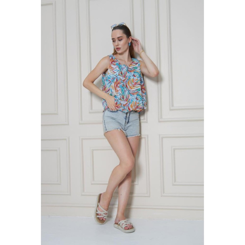 Pasaklı Giyim Kadın Turuncu Mavi Şifon Beli Lastikli Kolsuz Balon Bluz - Premium Kadın Giyim