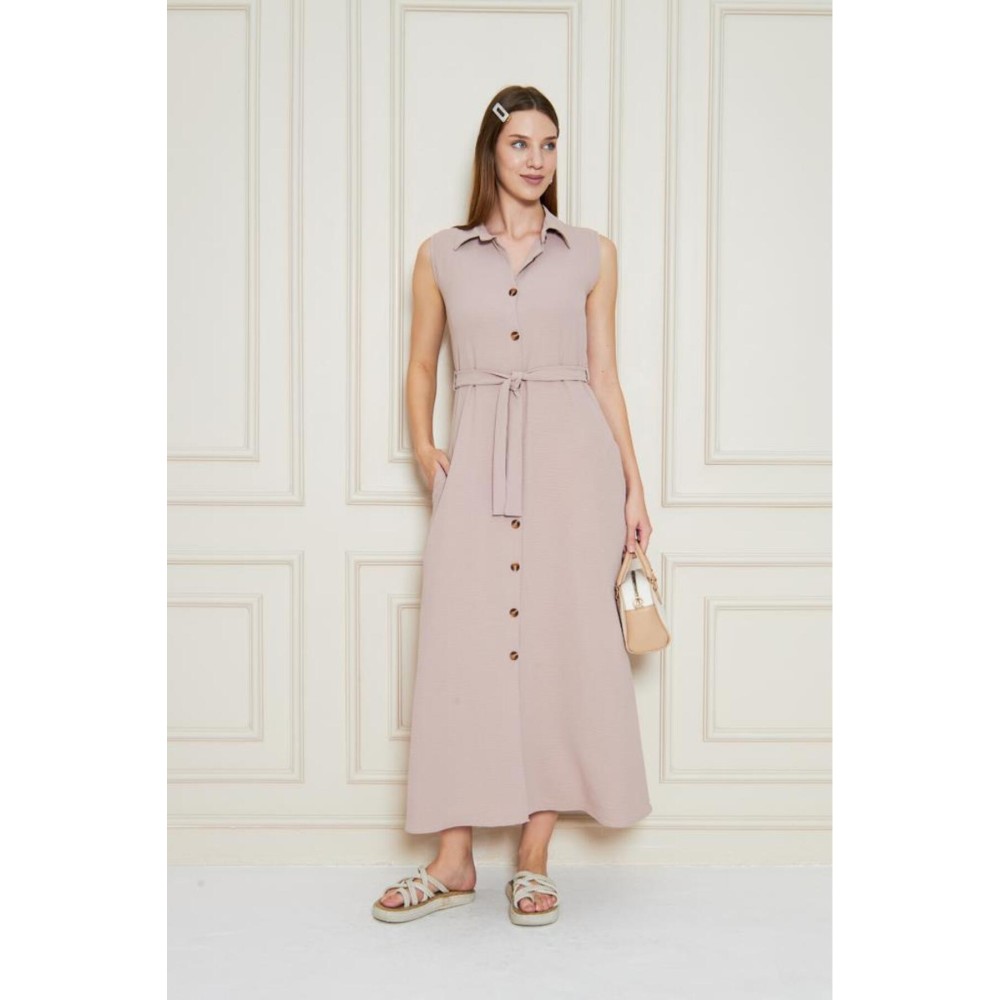 Pasaklı Giyim Pasaklı Giyim Giy Çık Kolsuz Uzun Gömlek Elbise Pudra - Premium Kadın Giyim