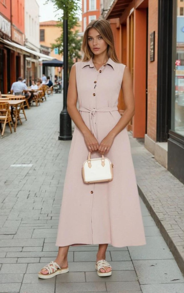 Pasaklı Giyim Giy Çık Kolsuz Uzun Gömlek Elbise 3762385 Pudra