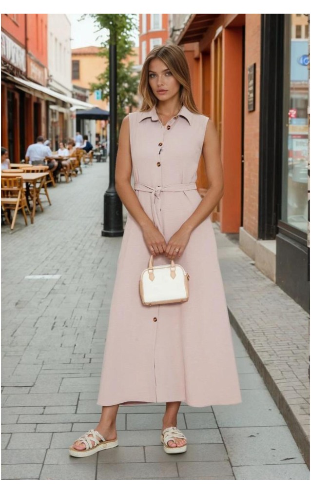 Pasaklı Giyim Giy Çık Kolsuz Uzun Gömlek Elbise 3762385 Pudra