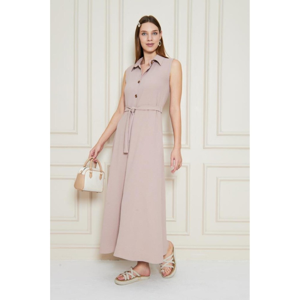 Pasaklı Giyim Pasaklı Giyim Giy Çık Kolsuz Uzun Gömlek Elbise Pudra - Premium Kadın Giyim