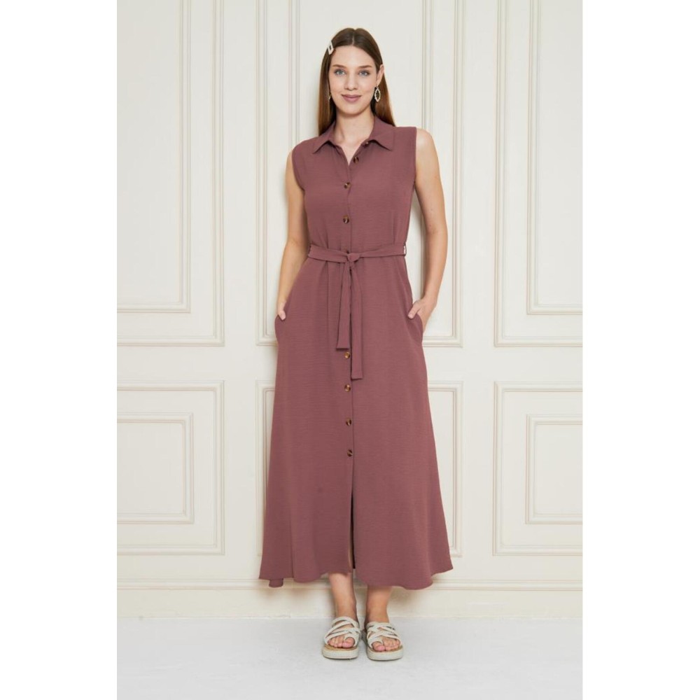 Pasaklı Giyim Pasaklı Giyim Giy Çık Kolsuz Uzun Gömlek Elbise Gül Kurusu - Premium Kadın Giyim