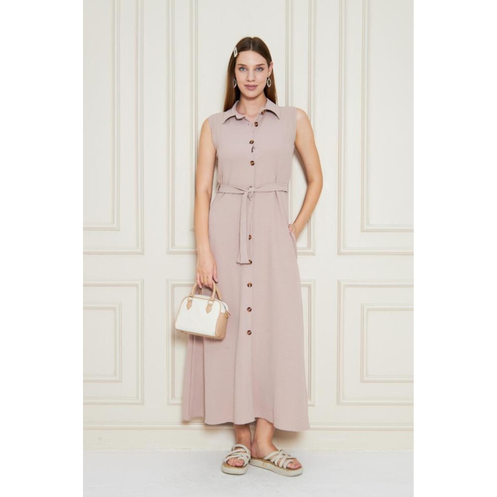 Pasaklı Giyim Pasaklı Giyim Giy Çık Kolsuz Uzun Gömlek Elbise Pudra - Premium Kadın Giyim