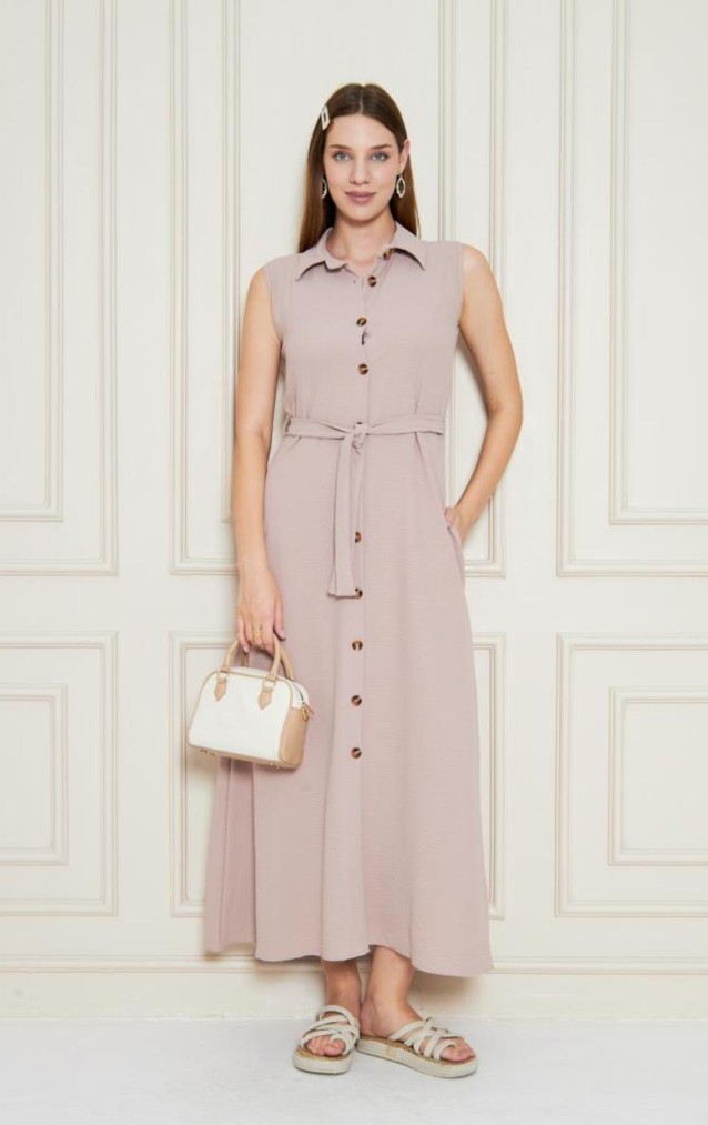 Pasaklı Giyim Giy Çık Kolsuz Uzun Gömlek Elbise 3762385 Pudra