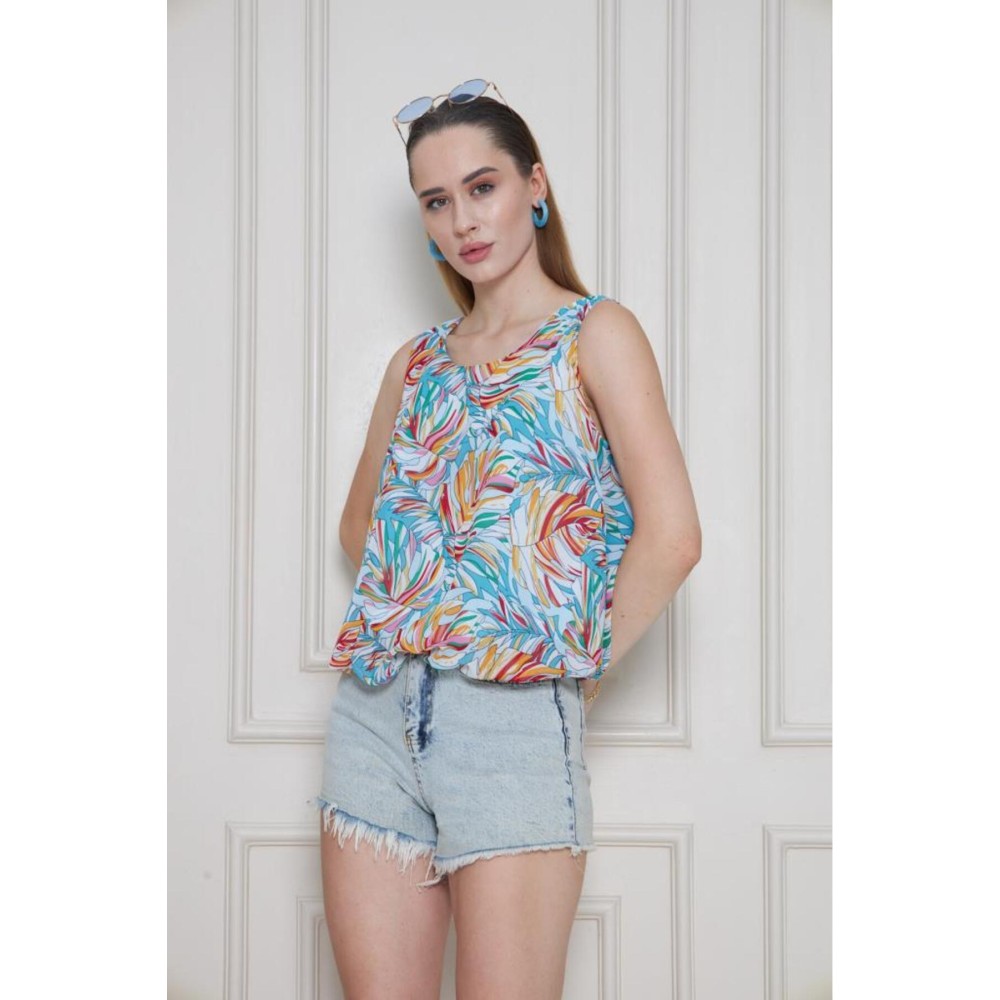 Pasaklı Giyim Kadın Turuncu Mavi Şifon Beli Lastikli Kolsuz Balon Bluz - Premium Kadın Giyim