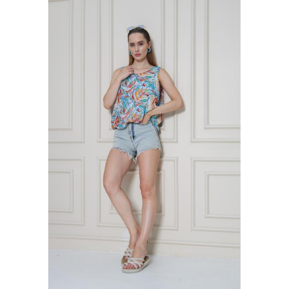 Pasaklı Giyim Kadın Turuncu Mavi Şifon Beli Lastikli Kolsuz Balon Bluz - Premium Kadın Giyim