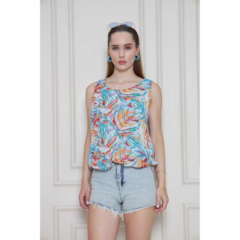 Pasaklı Giyim Kadın Turuncu Mavi Şifon Beli Lastikli Kolsuz Balon Bluz - Premium Kadın Giyim