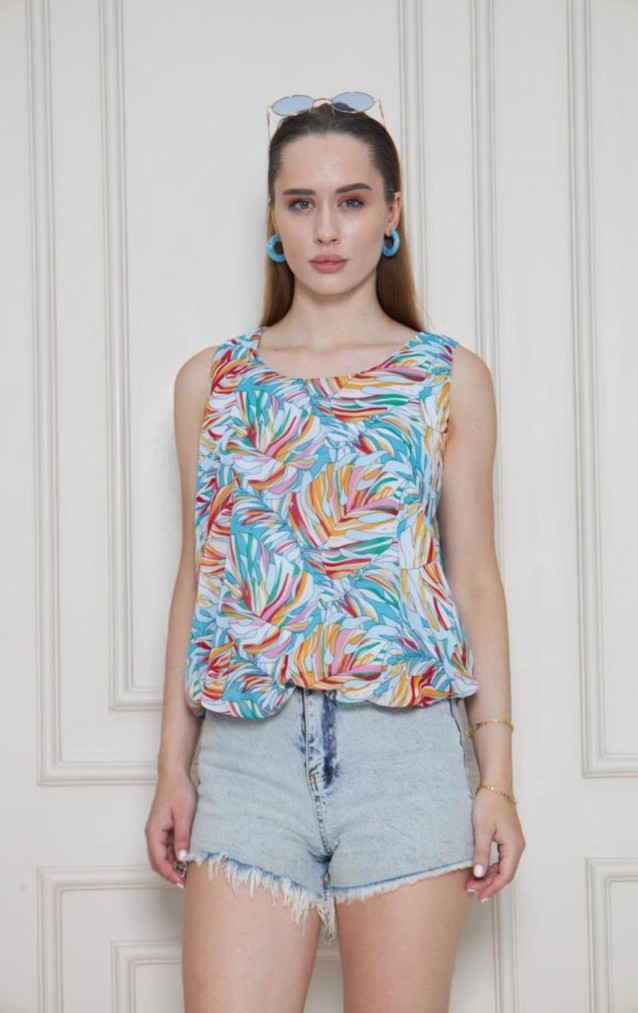 Kadın Turuncu Mavi Şifon Beli Lastikli Kolsuz Balon Bluz 3748242