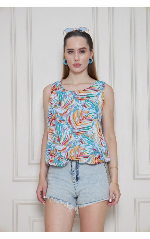 Kadın Turuncu Mavi Şifon Beli Lastikli Kolsuz Balon Bluz 3748242