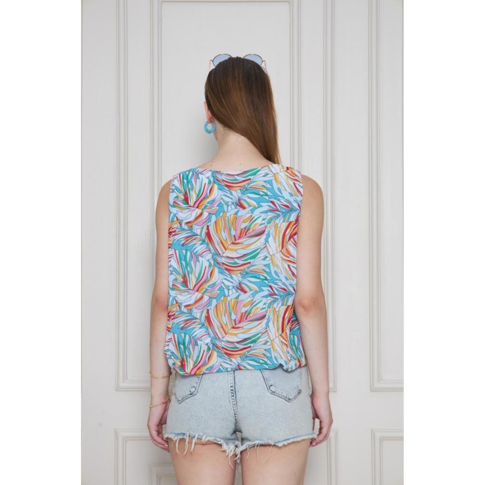 Pasaklı Giyim Kadın Turuncu Mavi Şifon Beli Lastikli Kolsuz Balon Bluz - Premium Kadın Giyim