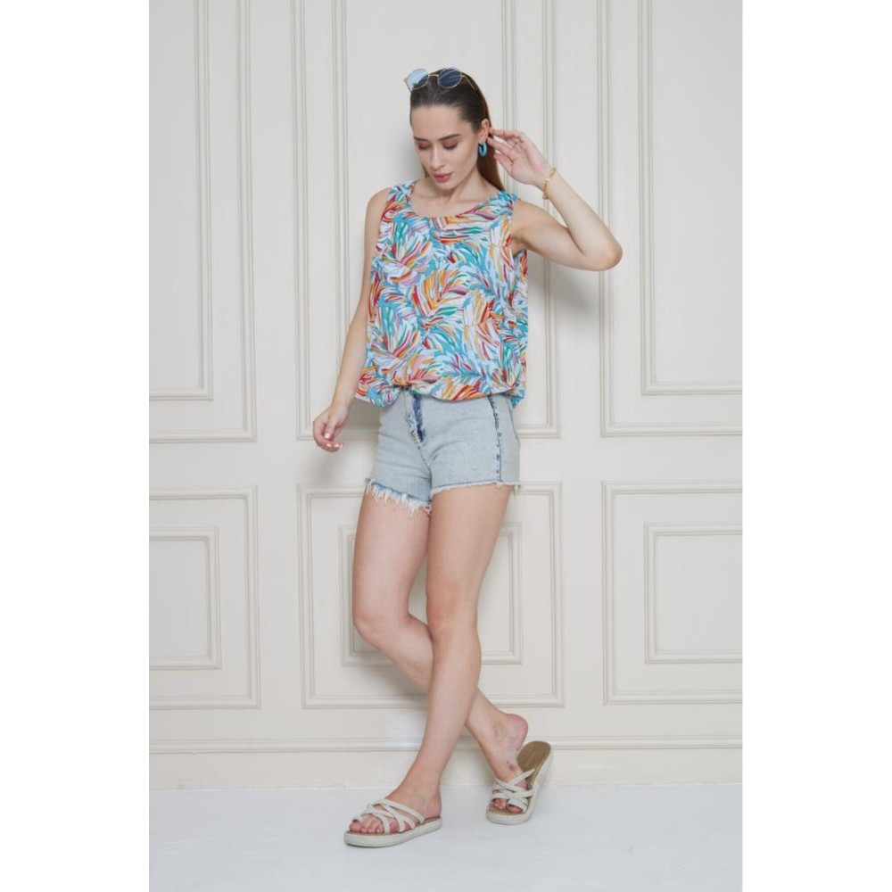 Pasaklı Giyim Kadın Turuncu Mavi Şifon Beli Lastikli Kolsuz Balon Bluz - Premium Kadın Giyim