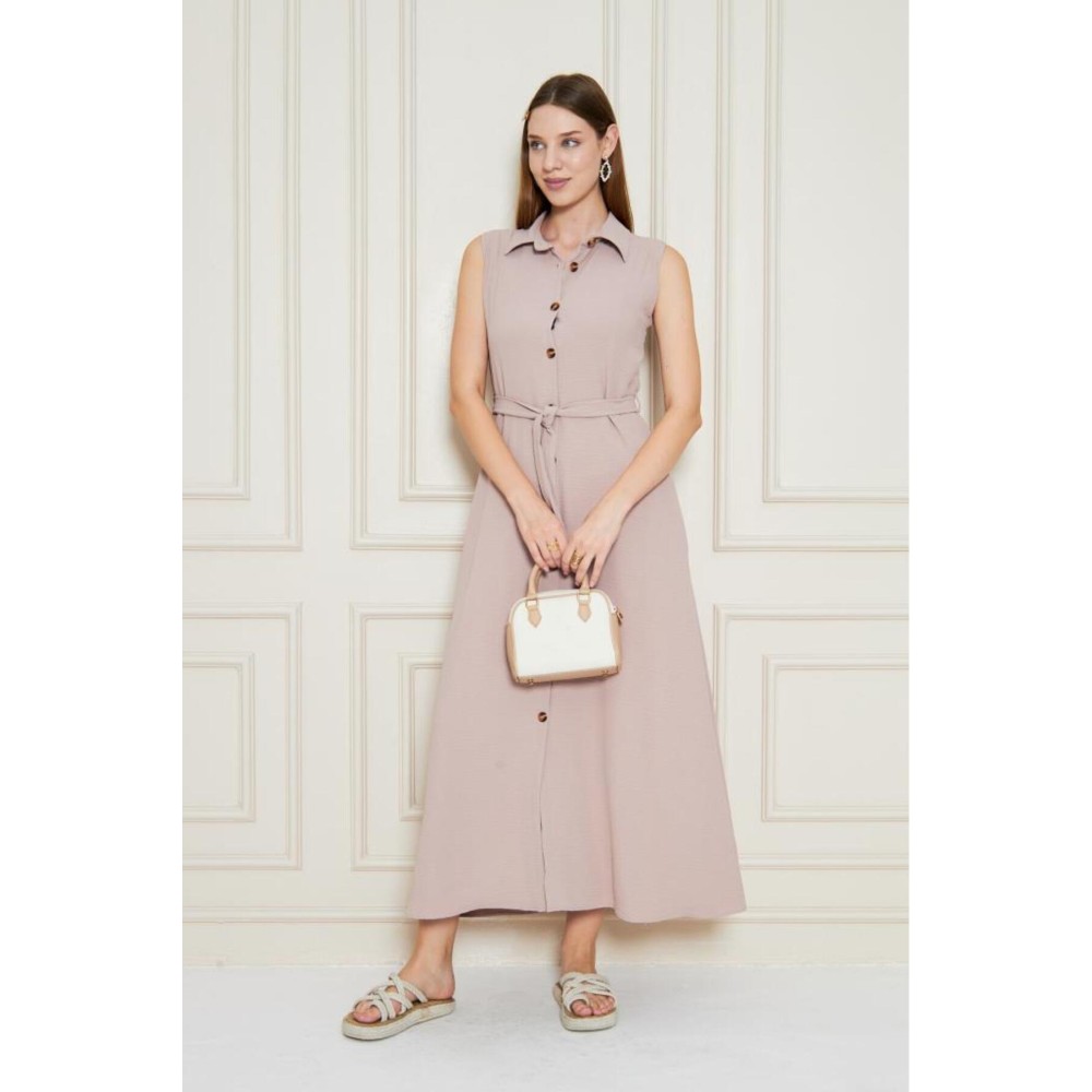 Pasaklı Giyim Pasaklı Giyim Giy Çık Kolsuz Uzun Gömlek Elbise Pudra - Premium Kadın Giyim