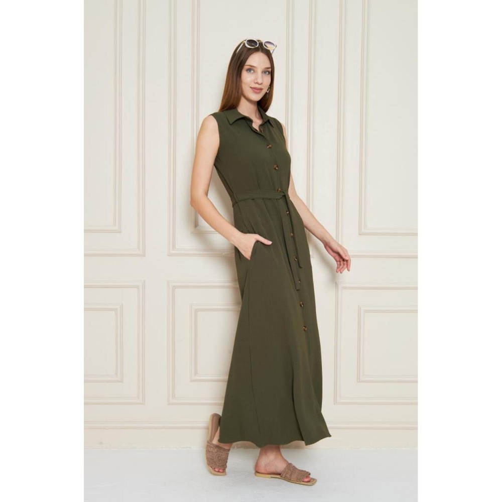 Pasaklı Giyim Pasaklı Giyim Giy Çık Kolsuz Uzun Gömlek Elbise Haki - Premium Kadın Giyim