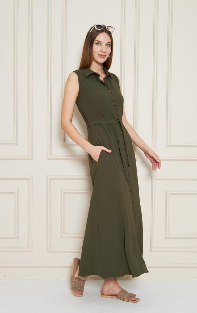 Pasaklı Giyim Giy Çık Kolsuz Uzun Gömlek Elbise 3762385 Haki