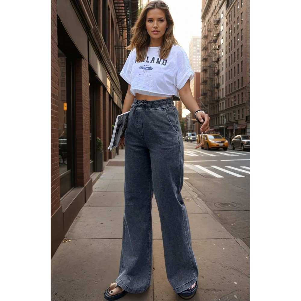 Pasaklı Giyim Pasaklı Giyim Kadın Beli Bağcıklı Bol Paça Salaş Kot Pantolon 700-KT- Antrasit - Premium Kadın Giyim