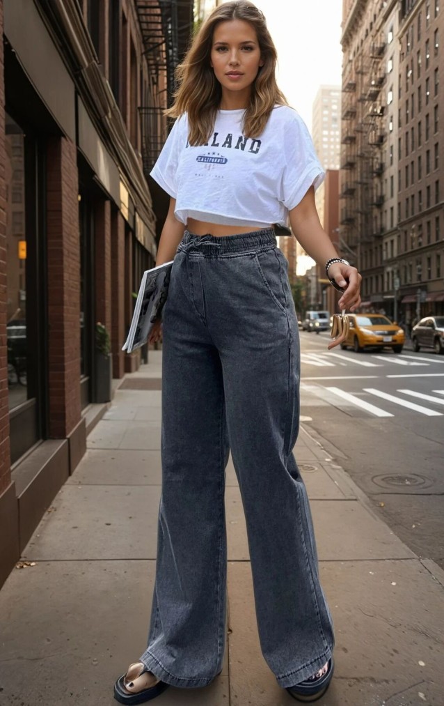 Pasaklı Giyim Kadın Beli Bağcıklı Bol Paça Salaş Kot Pantolon 700-KT-0088319 Antrasit