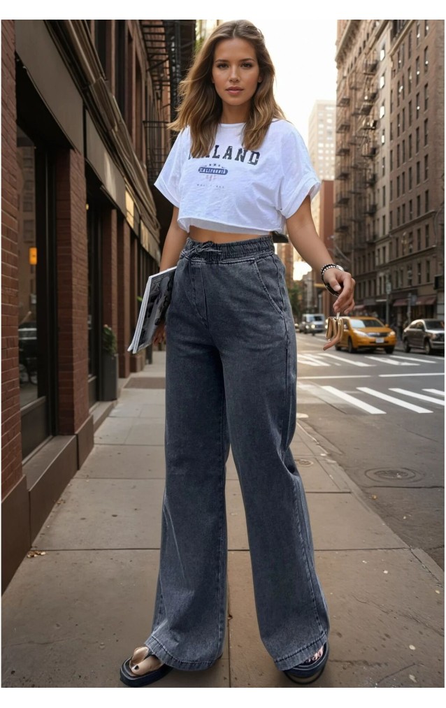 Pasaklı Giyim Kadın Beli Bağcıklı Bol Paça Salaş Kot Pantolon 700-KT-0088319 Antrasit