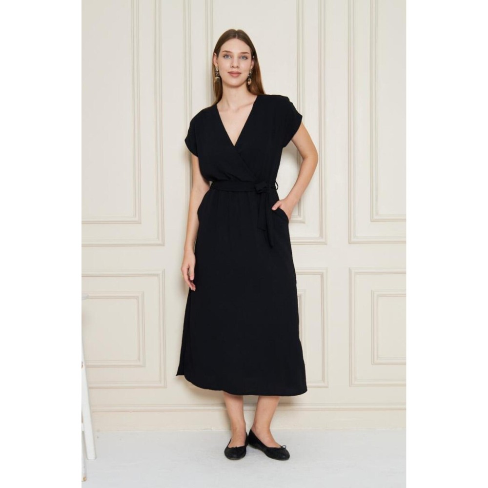 Pasaklı Giyim Pasaklı Giyim Kadın Kruvaze Yaka Elbise Siyah - Premium Kadın Giyim