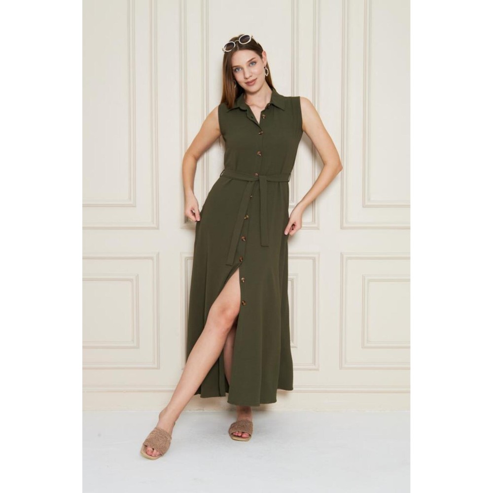 Pasaklı Giyim Pasaklı Giyim Giy Çık Kolsuz Uzun Gömlek Elbise Haki - Premium Kadın Giyim