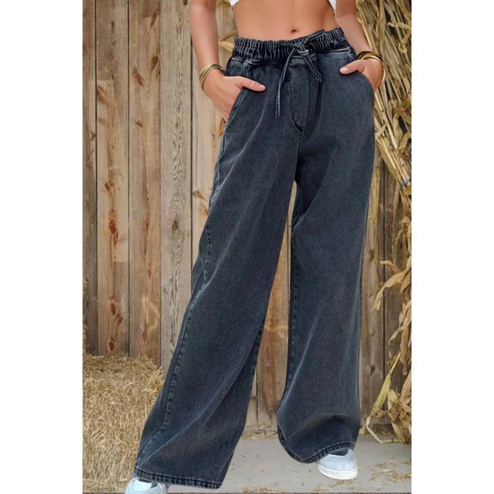 Pasaklı Giyim Pasaklı Giyim Kadın Beli Bağcıklı Bol Paça Salaş Kot Pantolon 700-KT- Antrasit - Premium Kadın Giyim