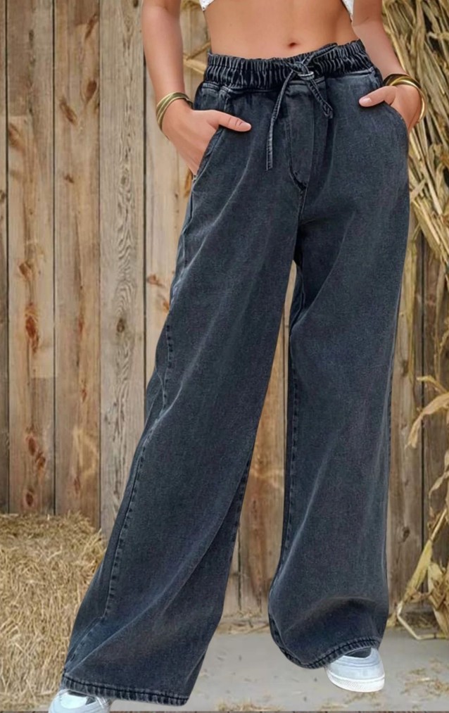 Pasaklı Giyim Kadın Beli Bağcıklı Bol Paça Salaş Kot Pantolon 700-KT-0088319 Antrasit