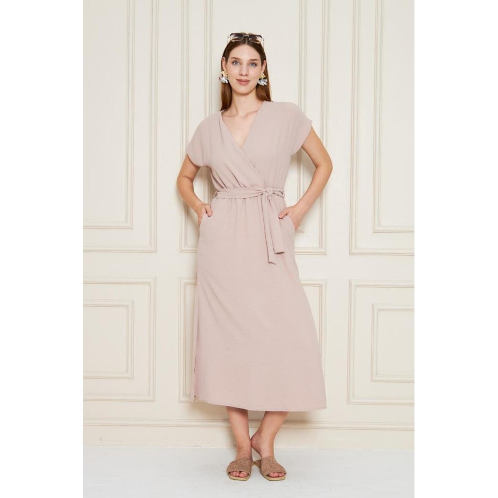 Pasaklı Giyim Pasaklı Giyim Kadın Kruvaze Yaka Elbise Pudra - Premium Kadın Giyim
