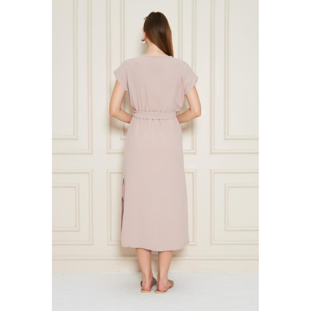 Pasaklı Giyim Pasaklı Giyim Kadın Kruvaze Yaka Elbise Pudra - Premium Kadın Giyim