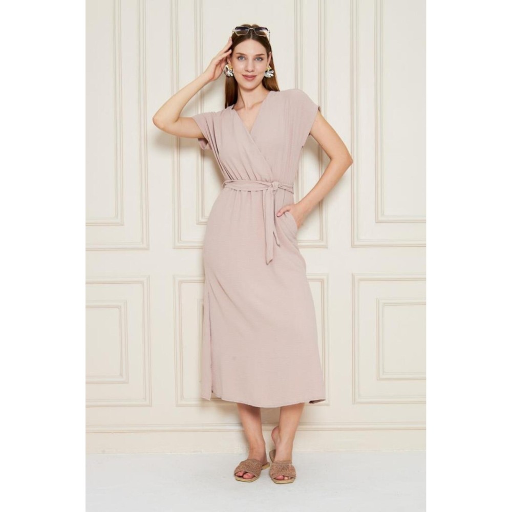 Pasaklı Giyim Pasaklı Giyim Kadın Kruvaze Yaka Elbise Pudra - Premium Kadın Giyim