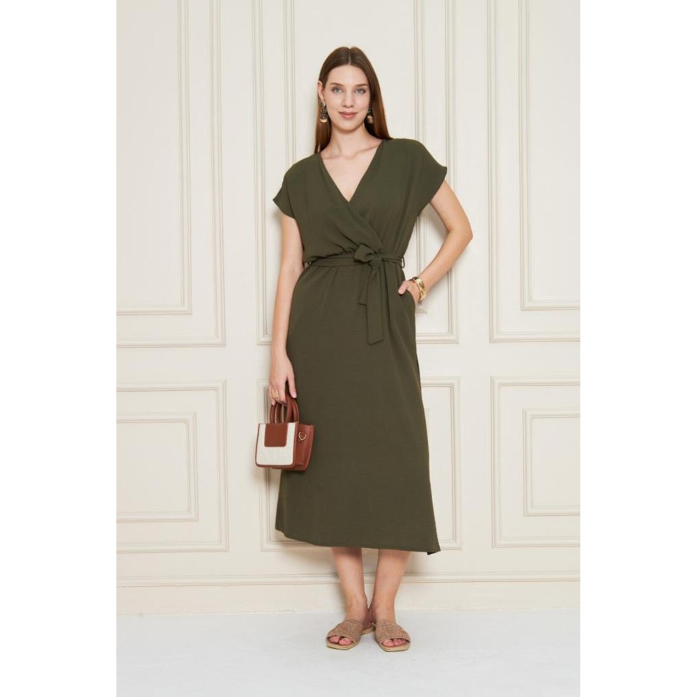Pasaklı Giyim Pasaklı Giyim Kadın Kruvaze Yaka Elbise Haki - Premium Kadın Giyim