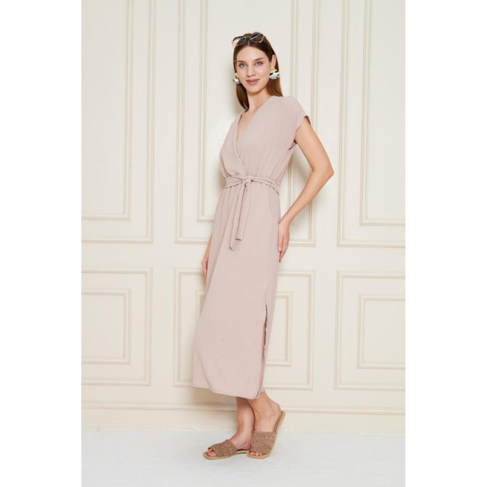 Pasaklı Giyim Pasaklı Giyim Kadın Kruvaze Yaka Elbise Pudra - Premium Kadın Giyim