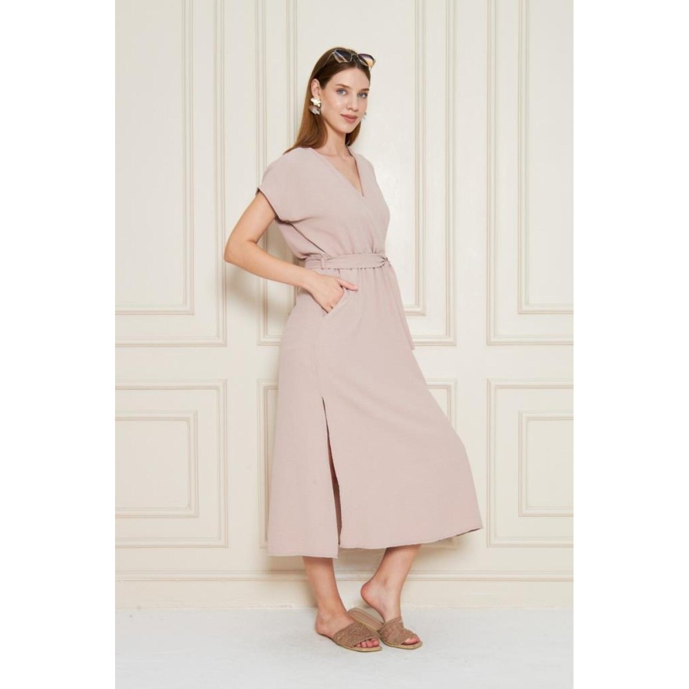 Pasaklı Giyim Pasaklı Giyim Kadın Kruvaze Yaka Elbise Pudra - Premium Kadın Giyim