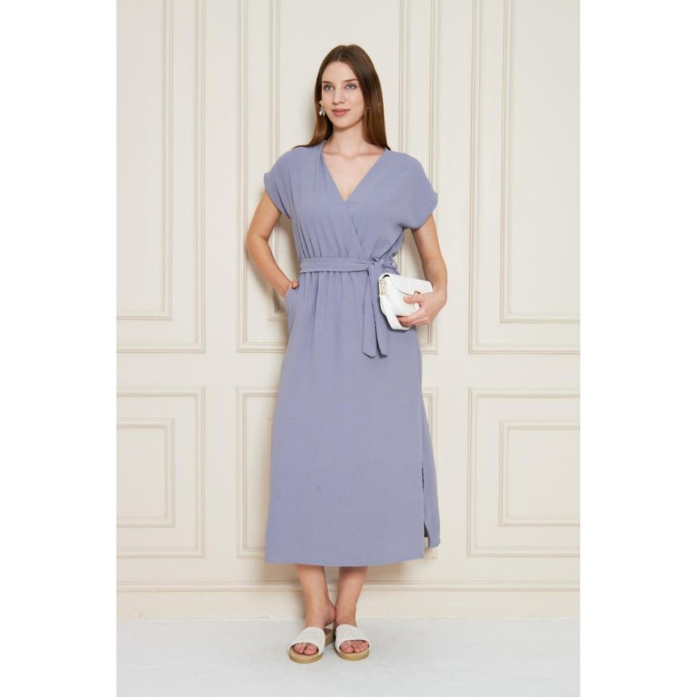 Pasaklı Giyim Pasaklı Giyim Kadın Kruvaze Yaka Elbise Gri - Premium Kadın Giyim