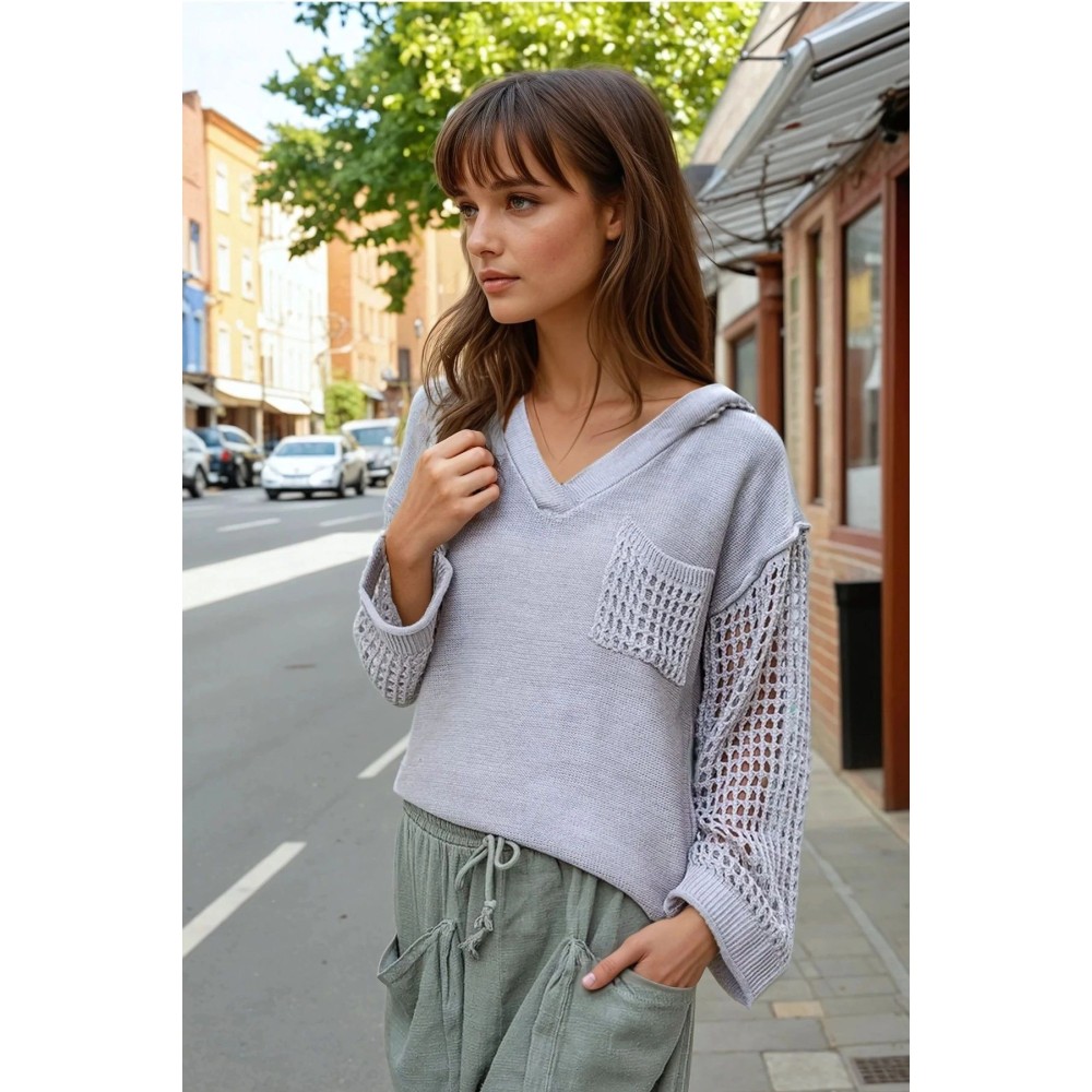 Pasaklı Giyim Pasaklı Giyim Kadın Kapüşonlu File Kazak Bej - Premium Kadın Giyim