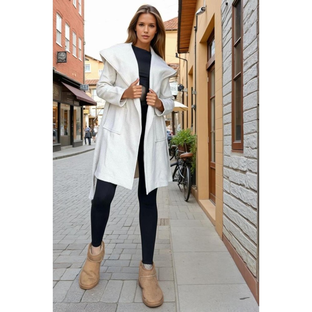 Pasaklı Giyim Pasaklı Giyim Balık Sırtı Kapüşonlu Kaşe Kaban Ekru - Premium Kadın Giyim