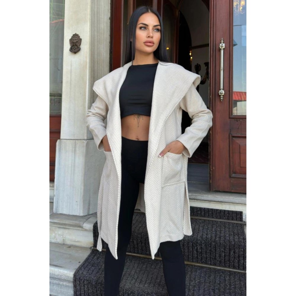 Pasaklı Giyim Pasaklı Giyim Balık Sırtı Kapüşonlu Kaşe Kaban Ekru - Premium Kadın Giyim