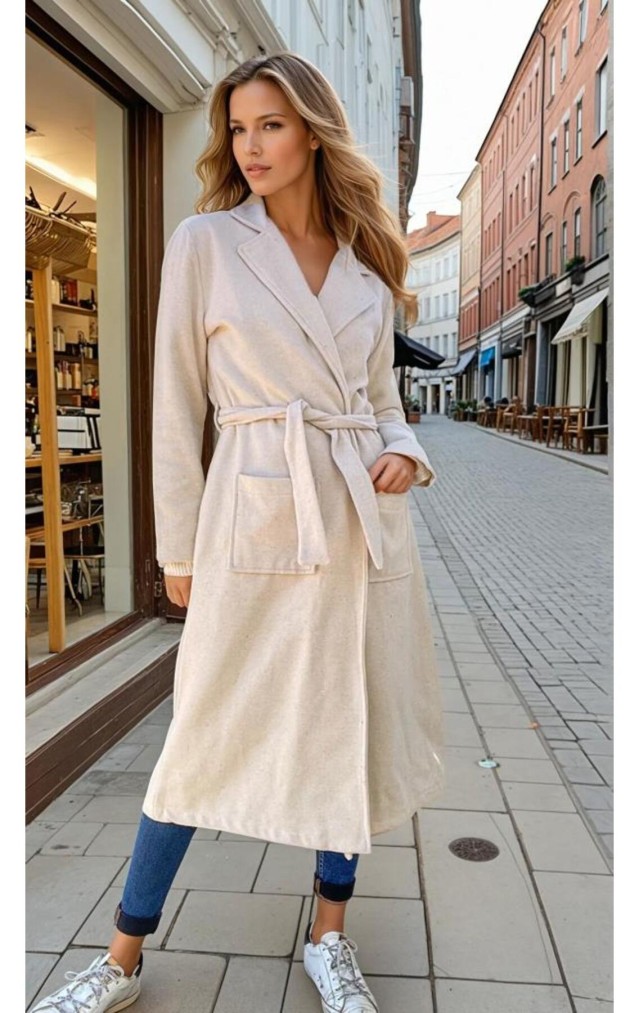 Pasaklı Giyim Kadın Kaşe Uzun Şal Yaka Palto Kaban – 3310451 Ekru