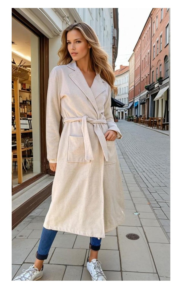 Pasaklı Giyim Kadın Kaşe Uzun Şal Yaka Palto Kaban – 3310451 Ekru