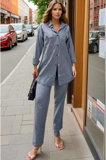 Pasaklı Giyim Kadın Antrasit Uzun Kollu Cepli Gömlek ve Beli Lastikli Pantolon Takım 3317451