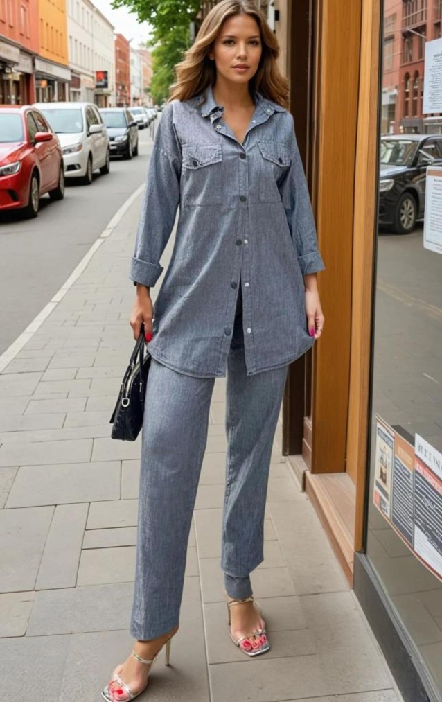 Pasaklı Giyim Kadın Antrasit Uzun Kollu Cepli Gömlek ve Beli Lastikli Pantolon Takım 3317451