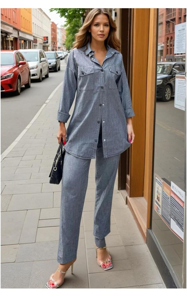 Pasaklı Giyim Kadın Antrasit Uzun Kollu Cepli Gömlek ve Beli Lastikli Pantolon Takım 3317451